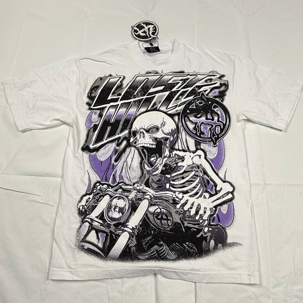 Lost Hills Skeleton Biker Graphic T-Shirt White Purple Flames Mens Medium NWT